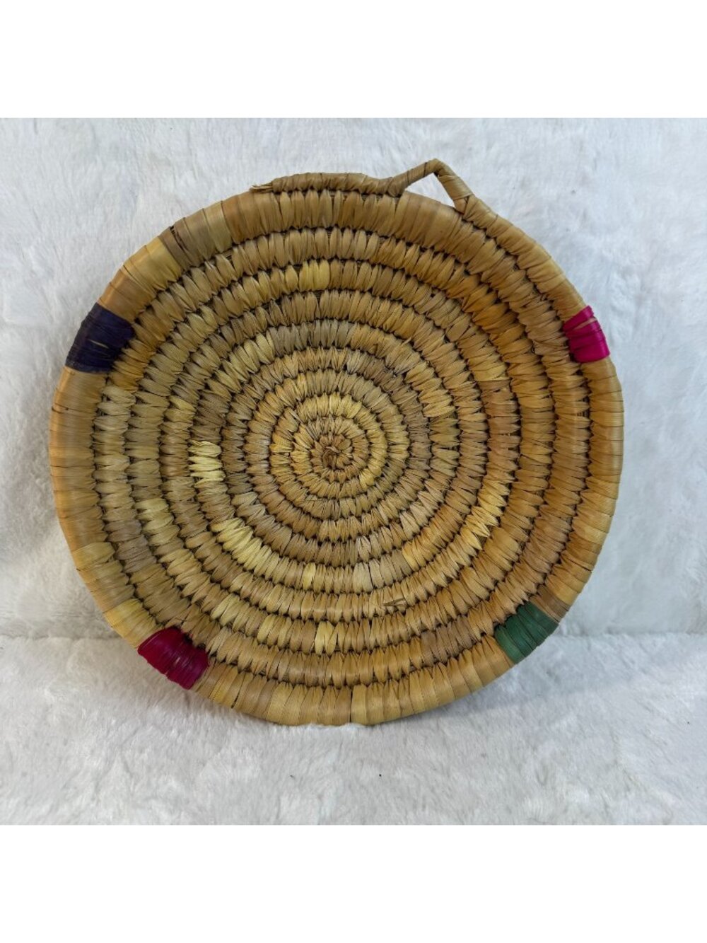 Handwoven Round Basket With Colorful Accents Natural Straw Decor